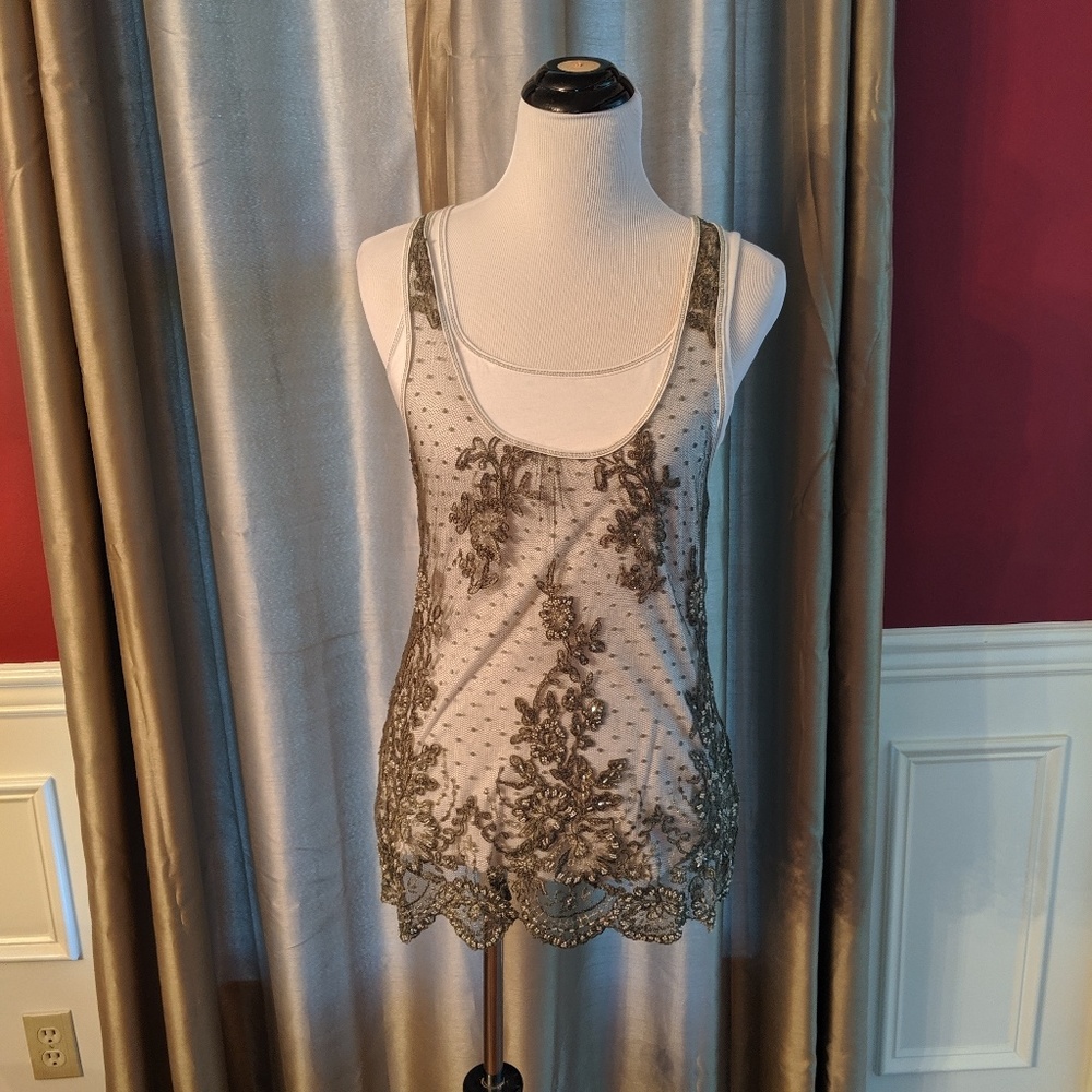 Green mesh lace sparkly layer racerback long tank